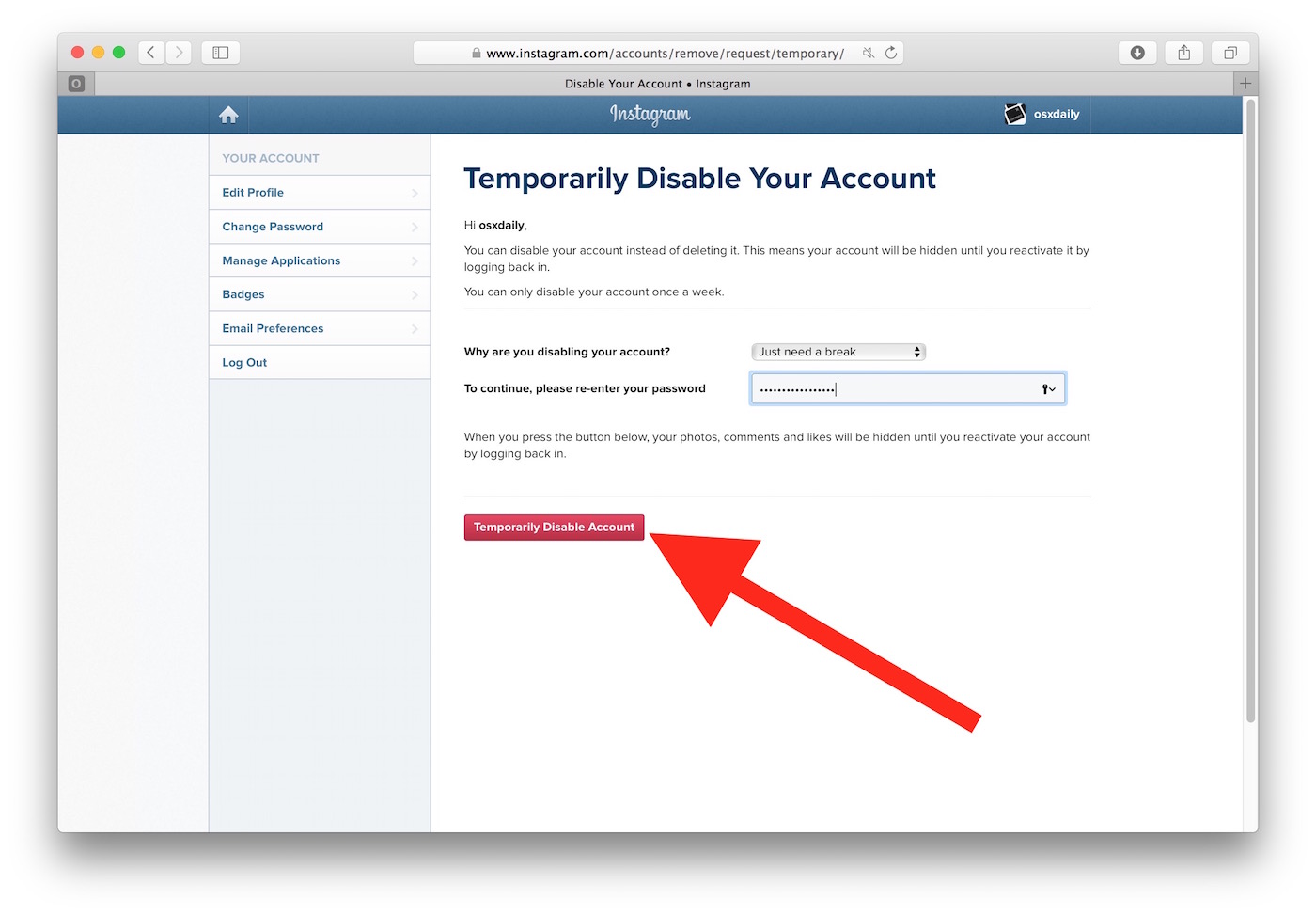 Steps to Disable Instagram Account